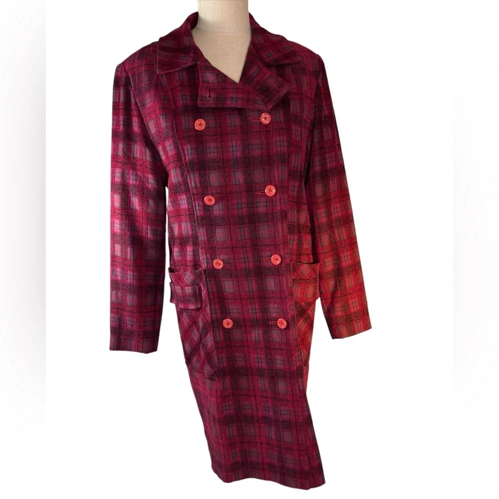 Burgundy Plaid Chenille Mix Double Breasted Coat Size S Dark Academia He… - Picture 3 of 9